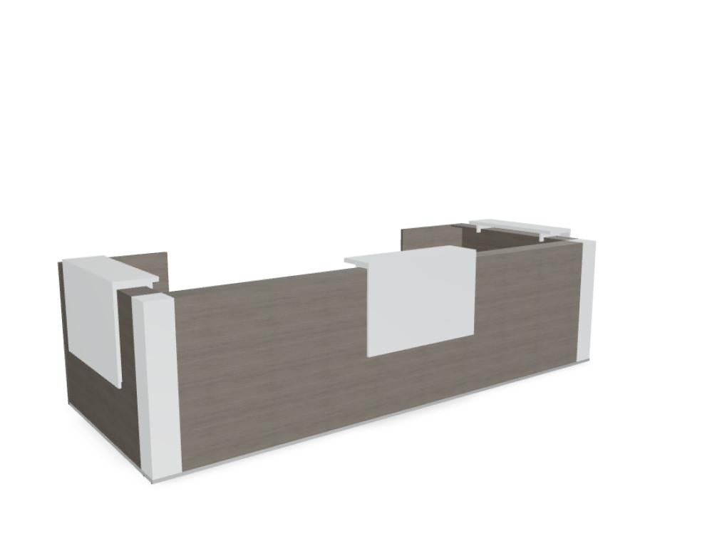 Modulare Empfangstheke TRA131 von Mdd, glänzende weiße Arbeitsfläche, helle Frontpaneele, zeitloses Desk-Design für professionelle Empfangsbereiche