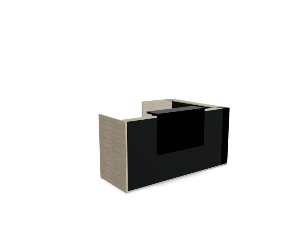 Modulare Mdd Tera TRA28 Empfangstheke in moderner Holzoptik mit weißer Front, ideal für stilvolle Empfangsbereiche.