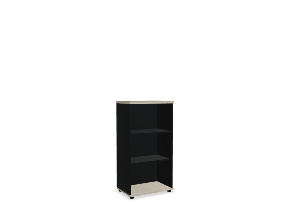 Schwarzes Standregal Basic von Mdd aus Melaminplatte mit mehreren Fachböden, geschlossener Rückwand und Stellfüssen, freistehend fotografiert.