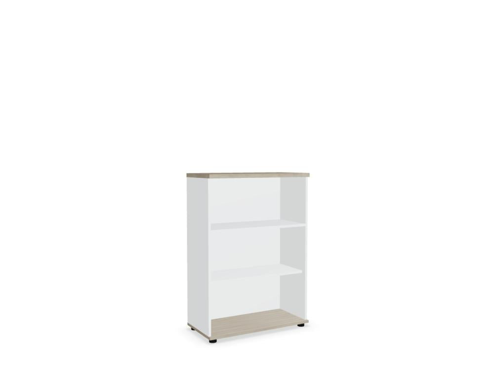 Bild des Basic K3504-Standregals von MDD: stabiles, offenes Holzregal mit mehreren Ebenen, silbergraue Metallrahmenkonstruktion und harmonischer, moderner Ästhetik