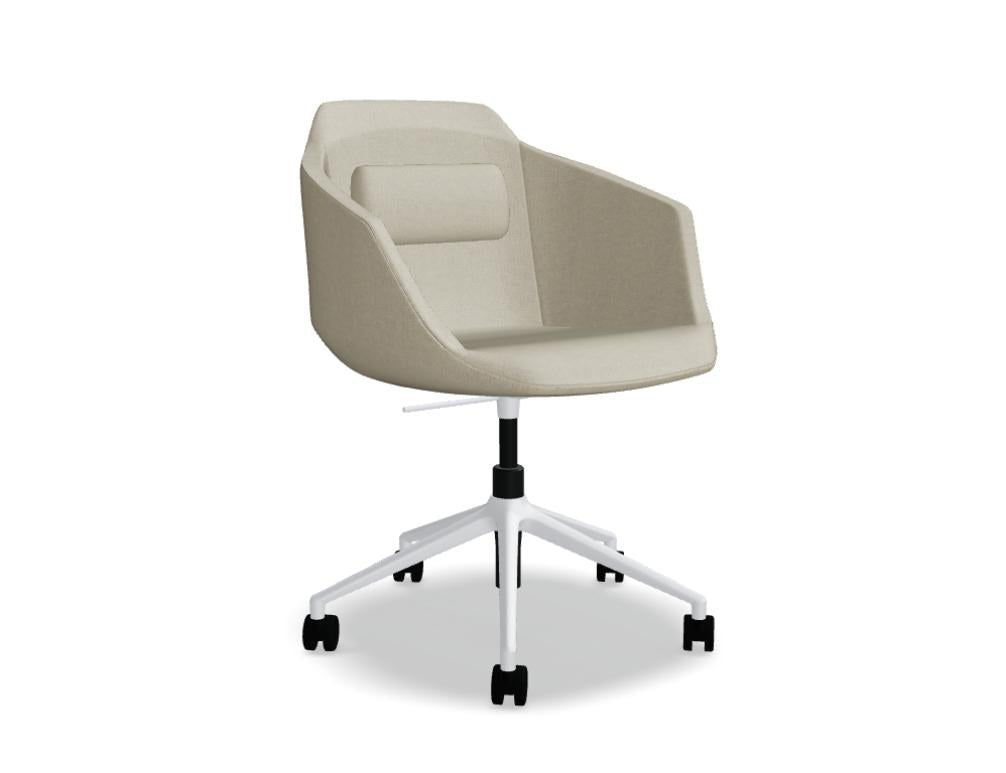 Dunkelblauer Dreh-Schalenstuhl mit gepolstertem Sitz, schwarzem 5-Stern-Aluminiumgestell, Gasdruckfeder und Rollen für weiche Böden.