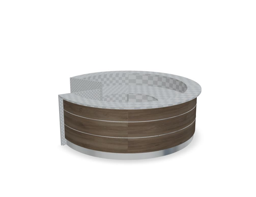 Empfangstheke Valde in Weiss Pastell mit Glas-Oberplatte, Aluminium-Dekorstreifen, HPL-Hochglanzfront und durchgehender LED-Beleuchtung an der Thekenlänge
