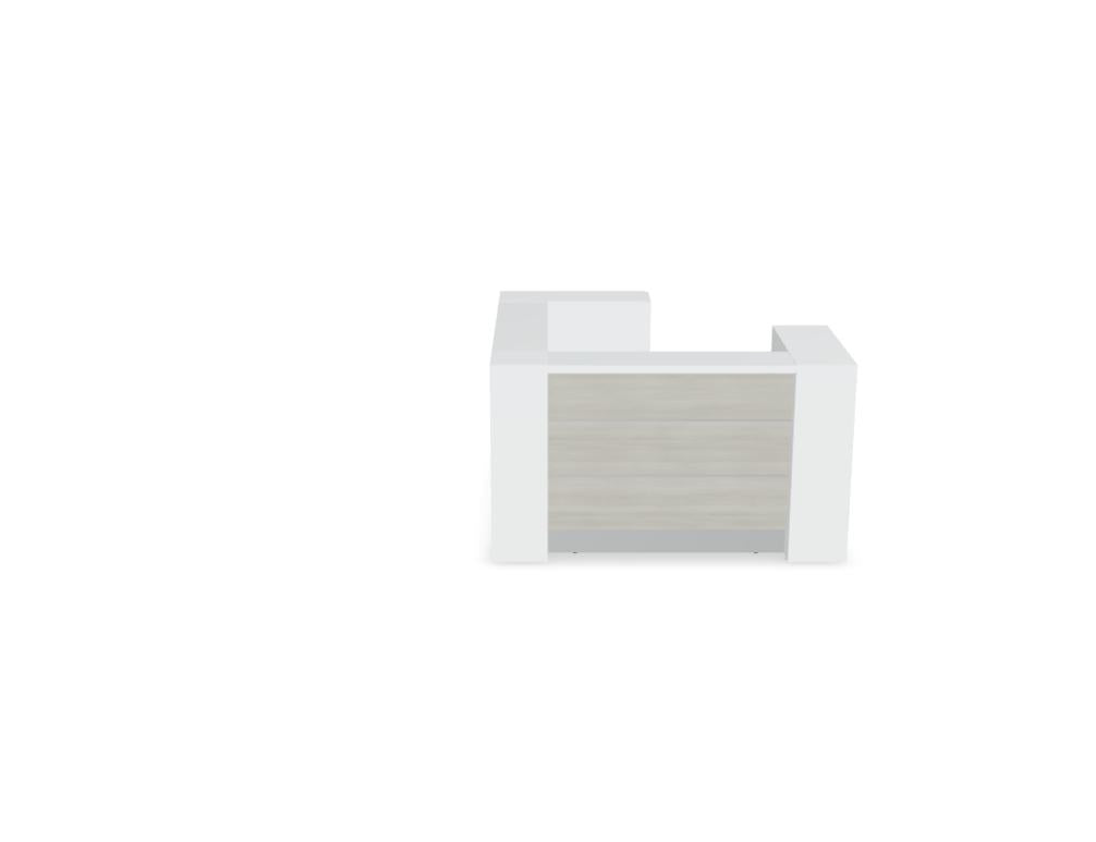 Valde LAV10L Empfangstheke von Mdd in modularer Bauweise mit weißer Front und Holzdekor, ideal für moderne Empfangsbereiche