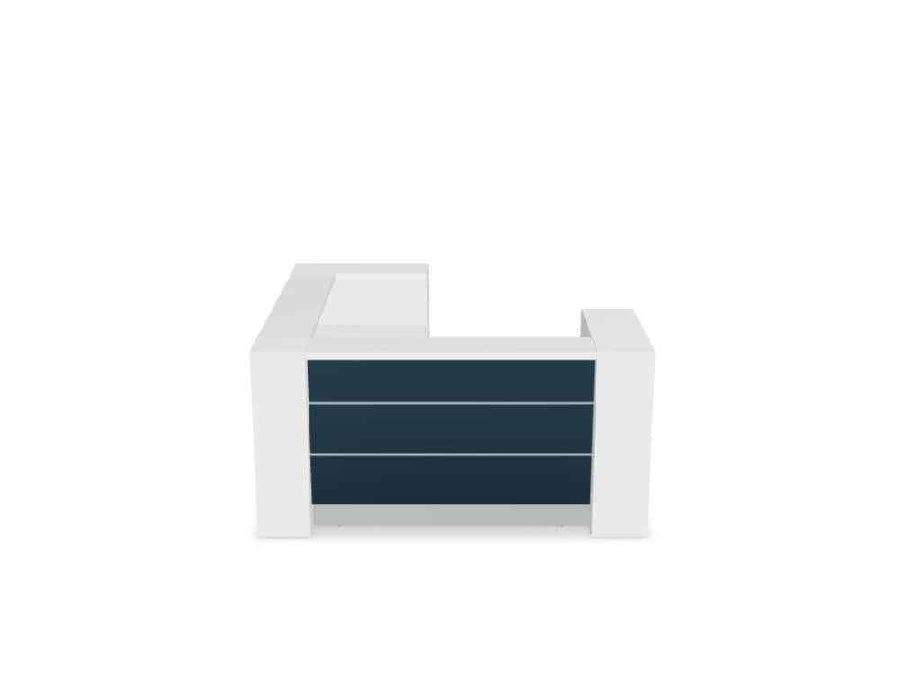 Modulare Empfangstheke Valde LAV14L in neutralem Holzton mit glatter Oberfläche, robuster Seitenverkleidung und integrierten Arbeitsflächen; modernes, professionelles Desk-Layout.