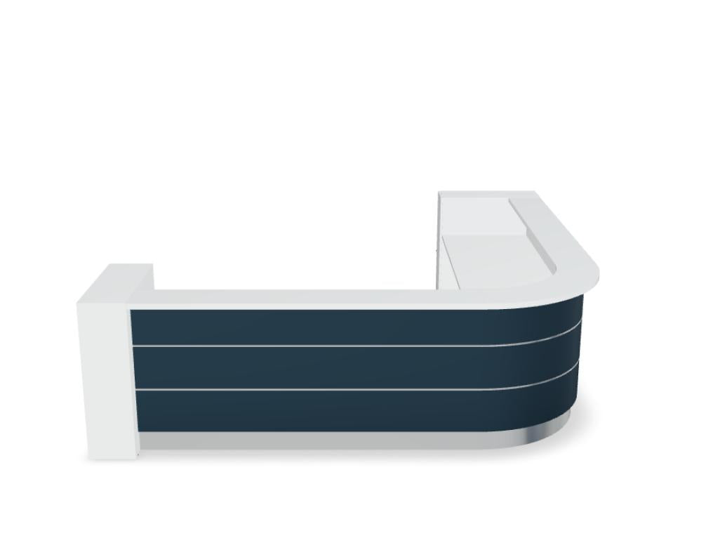 Bild der Valde LAV154L modularen Empfangstheke von Mdd aus der Kategorie Empfangsdesk, klare Arbeitsfläche, modernes Design, in neutralen Tönen, geeignet für Geschäftsräume und Wartebereiche.