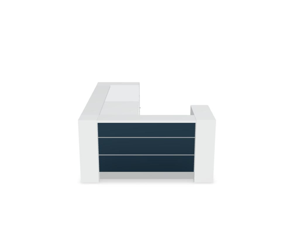 Modulare Empfangstheke Valde LAV15L in hellem Holz- und Weißton, klare Linien, großzügige Ablagefläche, zeitloses Desk-Design für moderne Empfangsbereiche.