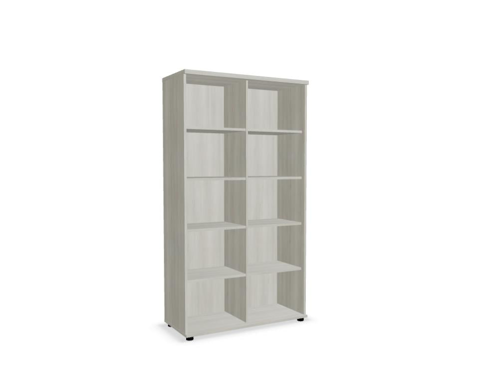 Bild eines modernen Standregals Standard A5505 von Mdd, auf weißem Hintergrund präsentiert, stabile Holzelemente, offenes Regaldesign mit mehreren Ablagefächern, ideal für Wohnzimmer oder Büro.