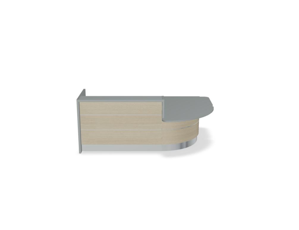 Empfangstheke Valde in Weiss Pastell mit Glas-Oberplatte, Aluminium-Dekorstreifen, HPL-Hochglanzfront und durchgehender LED-Beleuchtung an der Thekenlänge