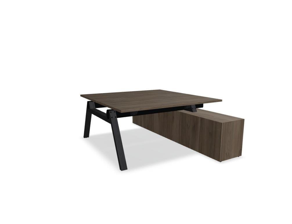 Doppelschreibtisch Viga von Mdd mit Managerschrank, Farbe Dunkle Walnuss, Aluminiumgestell, Naturholz-Fuss aus Eiche, Grösse 160x240x74 cm.