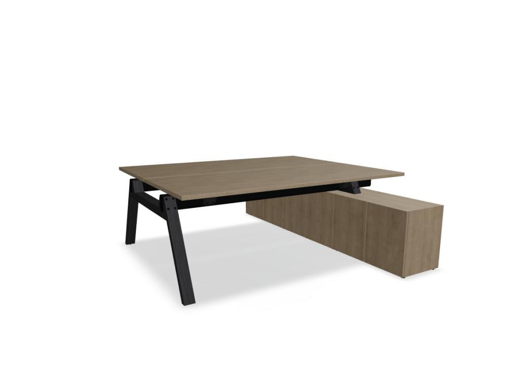 Doppelschreibtisch Viga von Mdd mit Managerschrank, Farbe Dunkle Walnuss, Aluminiumgestell, Naturholz-Fuss aus Eiche, Grösse 160x240x74 cm.