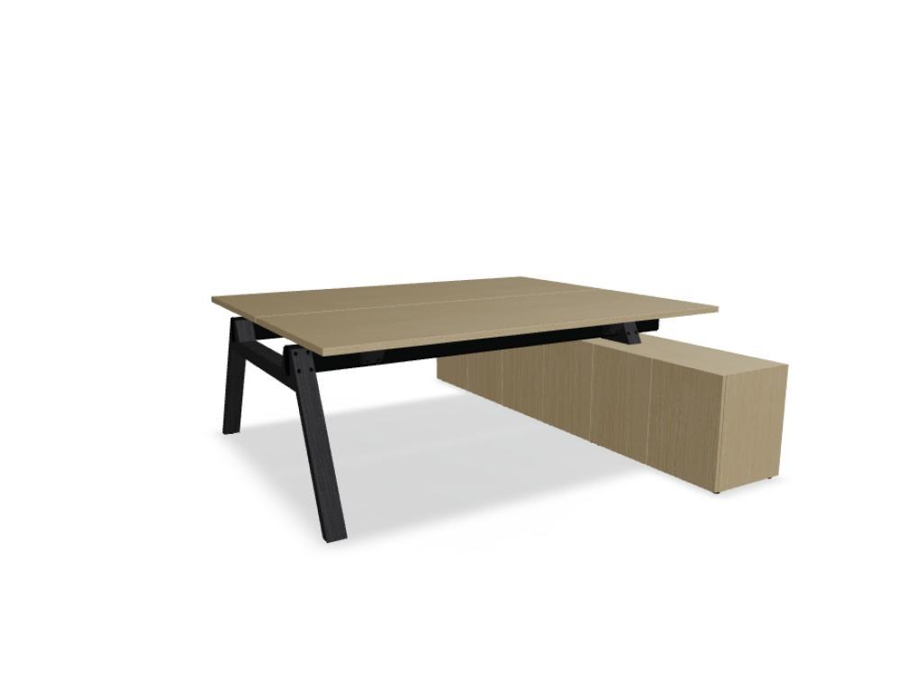 Doppelschreibtisch Viga von Mdd mit Managerschrank, Farbe Dunkle Walnuss, Aluminiumgestell, Naturholz-Fuss aus Eiche, Grösse 160x240x74 cm.