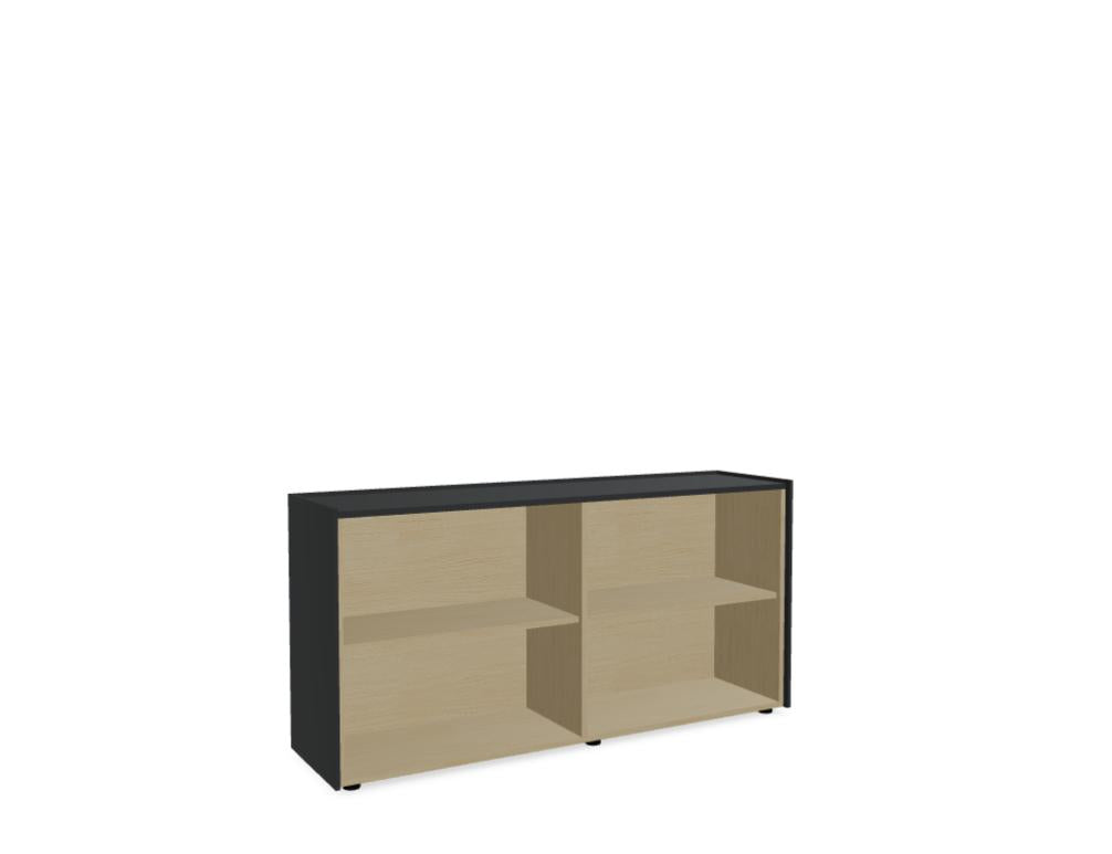 Bild eines eleganten Standregals Viga V27 der Marke Mdd in heller Holzoptik mit schwarzen Metallakzenten, frei stehendes Möbelstück, dekorativ bestückt mit Büchern und Deko-Elementen, ideal für Wohnzimmer und Arbeitszimmer, klare Linien, modernes Design