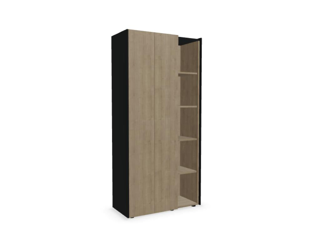 Bild zeigt den Viga V22M Kleiderschrank von Mdd: Hoher schmaler Holzschrank mit offenem Regalbereich, Türfronten und modernen Griffen – Garderobe, Kategorie Kleidung