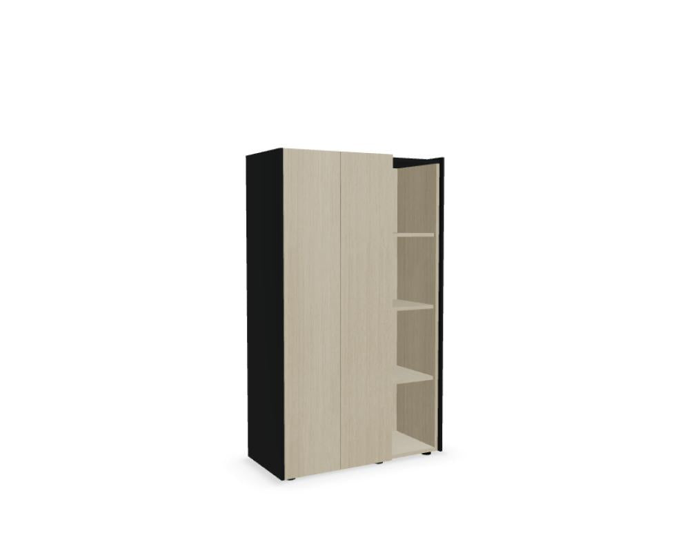 Bild eines modernen Viga V23M Kleiderschranks mit offenem Regalbereich, hellen Holztönen, geräumigem Stauraum und minimalistischer, skandinavischer Ästhetik; ideal für Garderobe