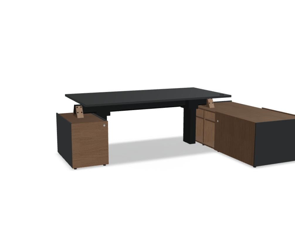 Schreibtisch Viga V38PR von MDD mit höhenverstellbarer Arbeitsfläche, zeitloses Design, dunkle Holzoptik und moderne Metallkonstruktion