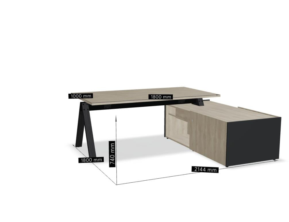 Chefschreibtisch Viga von Mdd in Dunkle Walnuss mit anodisiertem Aluminium-Gestell, Naturholz-Eichenfuss und Furnier-Arbeitsplatte im Büroraum.