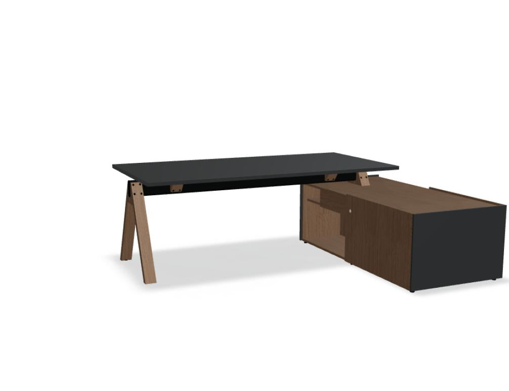Foto des Viga V06P Chefschreibtisch von MDD: moderner L-förmiger Schreibtisch aus Holz mit glatten Oberflächen, integrierter Kabeldurchführung und großzügiger Arbeitsfläche
