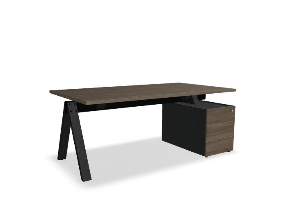 Viga V07PM Chefschreibtisch mit integrierter Aufbewahrung, robuster Korpus, dunkelholzfarbener Desk mit Container, ideal für modernes Upfitting im Büro