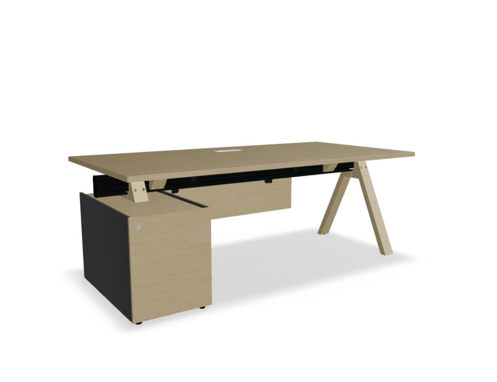 Viga V08L Chefschreibtisch mit integriertem Container, helles Holzfinish, geräumige Schreibfläche, moderner Arbeitsbereich, ideal fürs Büro