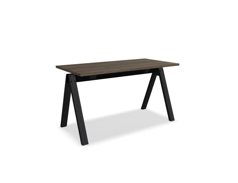 Hochtisch Viga von Mdd in Dunkler Walnuss mit schwarzem Aluminiumgestell und Eichenfuss, Masse 160x80x110 cm, Gesamtansicht des Tisches.