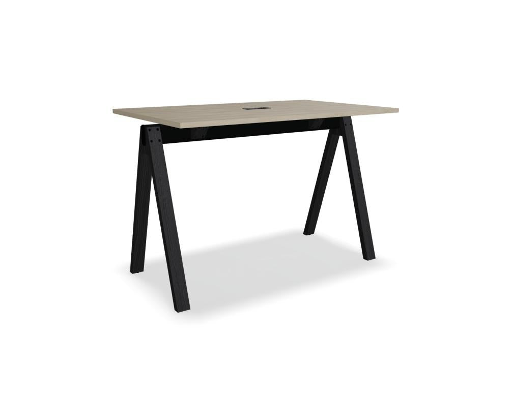 Hochtisch Viga von Mdd in Dunkler Walnuss mit schwarzem Aluminiumgestell und Eichenfuss, Masse 160x80x110 cm, Gesamtansicht des Tisches.