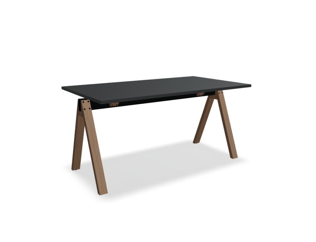 Hochtisch Viga von Mdd in Dunkler Walnuss mit schwarzem Aluminiumgestell und Eichenfuss, Masse 160x80x110 cm, Gesamtansicht des Tisches.