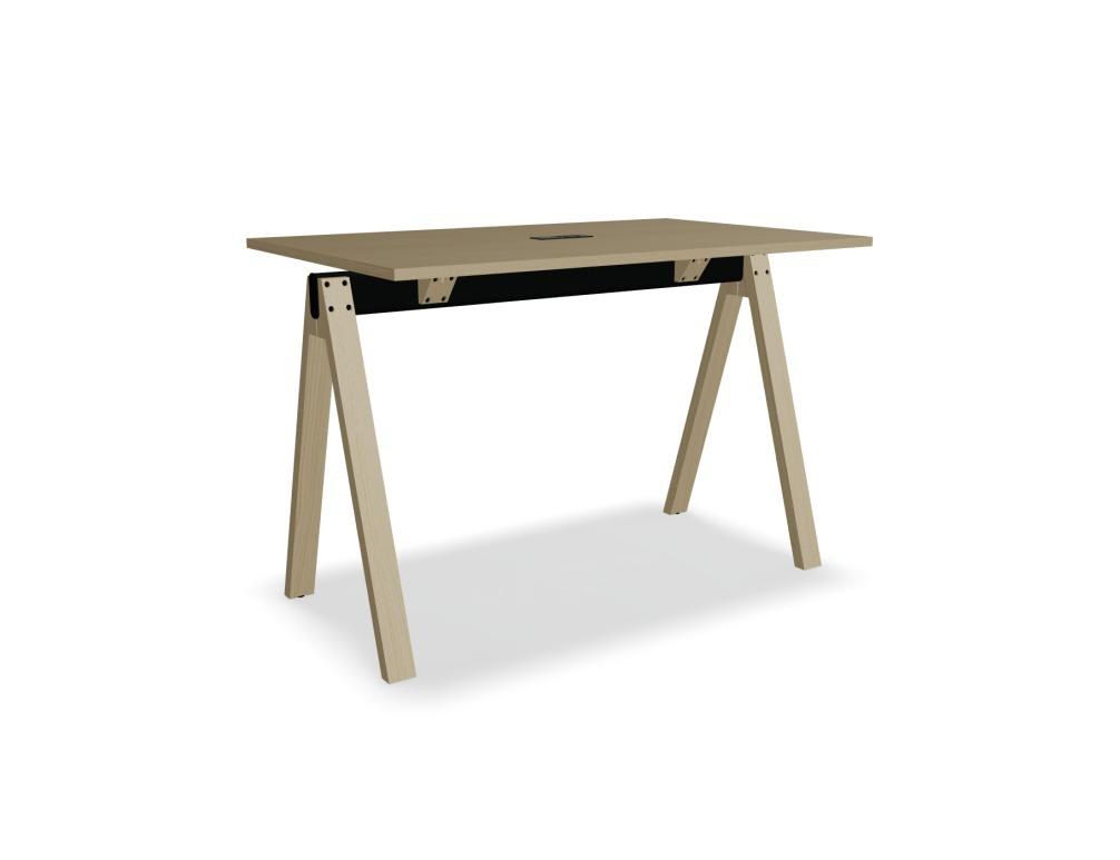 Hochtisch Viga von Mdd in Dunkler Walnuss mit schwarzem Aluminiumgestell und Eichenfuss, Masse 160x80x110 cm, Gesamtansicht des Tisches.