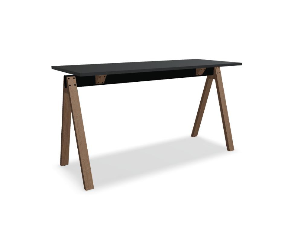 Hochtisch Viga von Mdd in Dunkler Walnuss mit schwarzem Aluminiumgestell und Eichenfuss, Masse 160x80x110 cm, Gesamtansicht des Tisches.