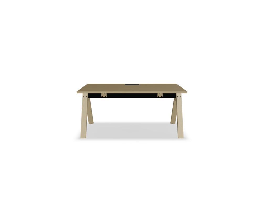 Bild zeigt den Viga V16 Schreibtisch von MDD in moderner Wohnraum-Ästhetik, strukturierter Tischplatte, klare Linien, funktionales Design