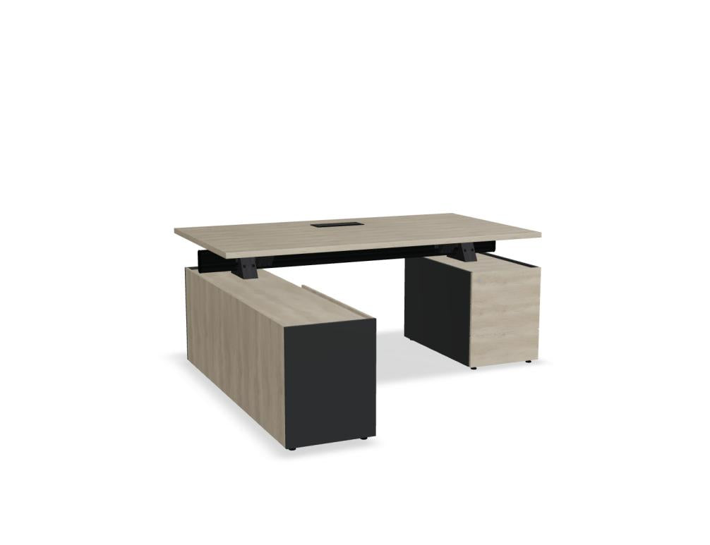 Bild zeigt den Viga V09LM Schreibtisch mit integriertem Managerschrank und Container, moderne Office-Lösung in Holz-Optik, kompakte Arbeitsfläche