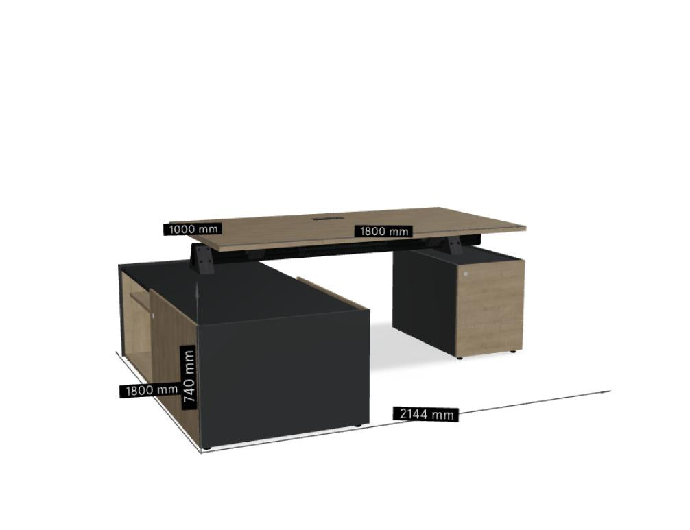 Bild zeigt den Viga V37LM Chefschreibtisch mit integriertem Managerschrank und Container, moderne Arbeitsplatzlösung in heller Holz-Optik mit klaren Linien.
