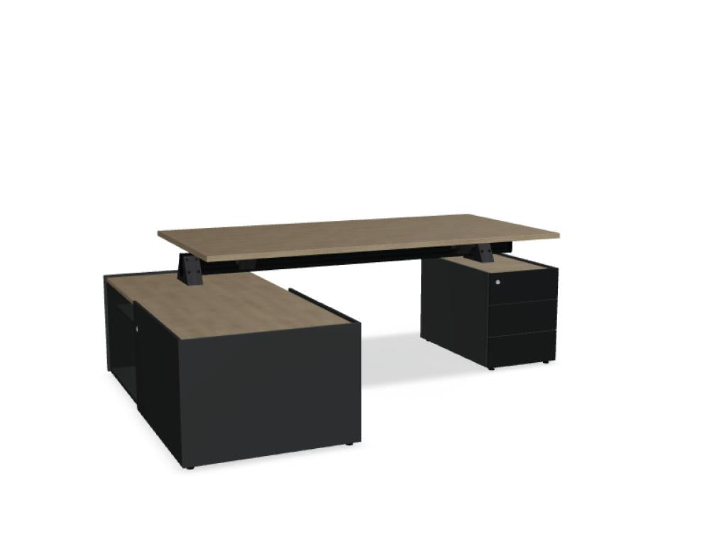 Bild des Viga V38LM Chefschreibtischs mit integriertem Managerschrank und Container, robustes Büro-Möbelstück in heller Holzoptik, modern, funktional
