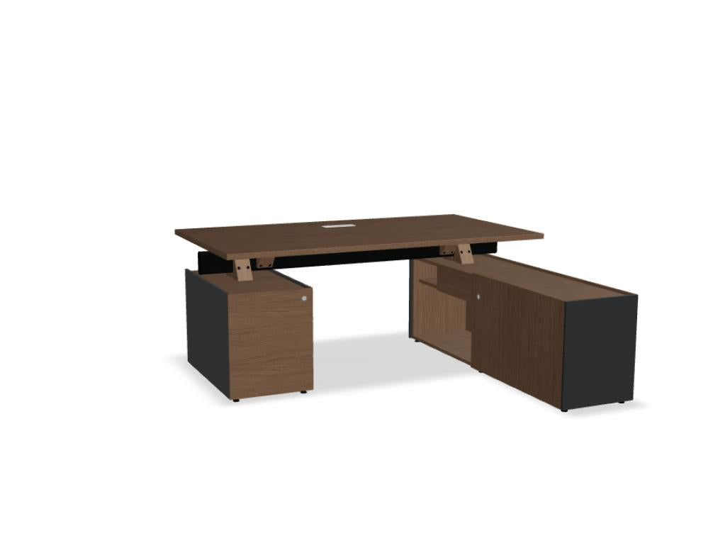 Viga V09P Chefschreibtisch mit integriertem Managerschrank und Glas-Container, modernes Büro-Setup, elegantes Arbeitszimmer-Design