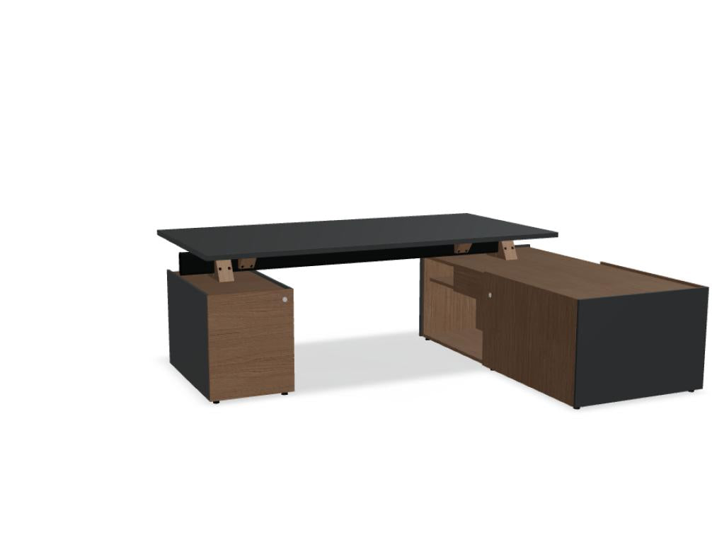Bild eines modernen Chefschreibtisch-Sets, Viga V38P: Schreibtischplatte, integrierter Managerschrank und schneller Container, hochwertiges Hard-Edge-Design, Holzoptik