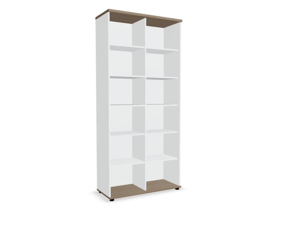 Bild eines weißen Standregals Standard A6505K der Marke MDD, präsentiert als solides Möbelstück mit offenen Ebenen und Holzstrukturelementen in einem hellen Wohnraum. hochwertige Bauweise, einfache Montage, vielseitig einsetzbar.