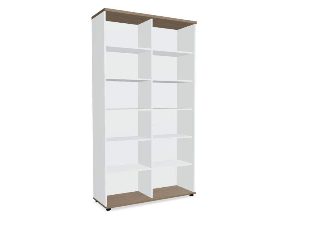 Bild zeigt das Regal Standard A6506K aus der Mdd-Standregal-Kategorie, Robustes Holz-Design mit offenen Ablageflächen, silbernen Metallrahmen und klarer Struktur für effiziente Raumnutzung.