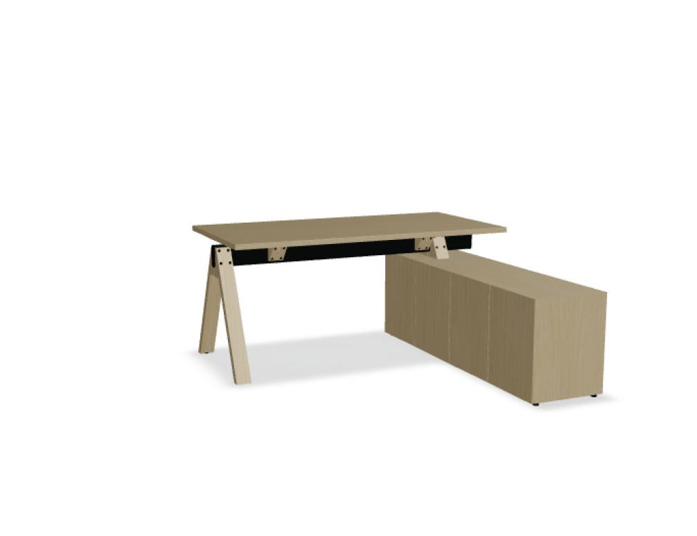 Bild zeigt den Viga V164P Schreibtisch mit integriertem Managerschrank in hellem Holzton, geräumige Arbeitsfläche, moderne klare Linien, Schrank-/Ablageelemente für Ordner organisiert.