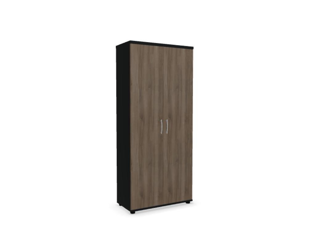 Kleiderschrank Basic von Mdd in Dunkle Walnuss mit schwarzem Korpus, Aluminiumgriff und Melamin-Front, freistehend fotografiert.