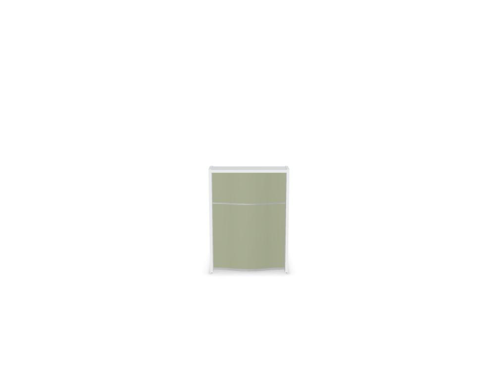 Empfangstheke Wave von Mdd in Weiss Pastell mit organischer HPL-Front, Aluminiumstreifen und modularer Wellenform-Konstruktion.