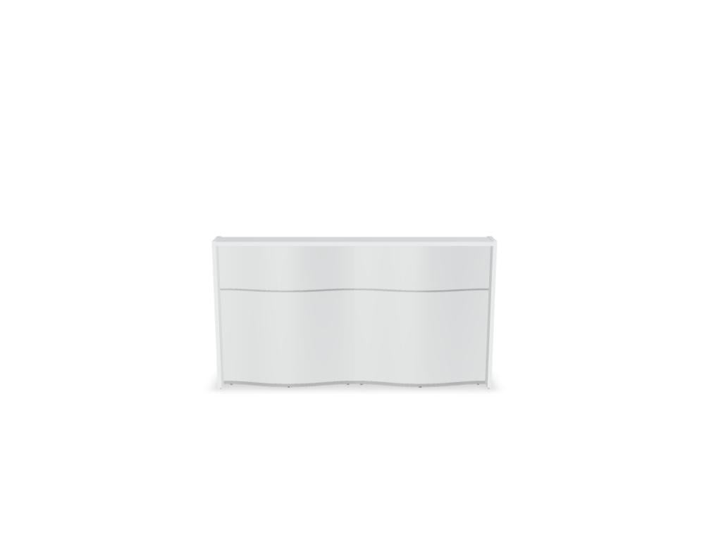 Empfangstheke Wave von Mdd in Weiss Pastell mit organischer HPL-Front, Aluminiumstreifen und modularer Wellenform-Konstruktion.