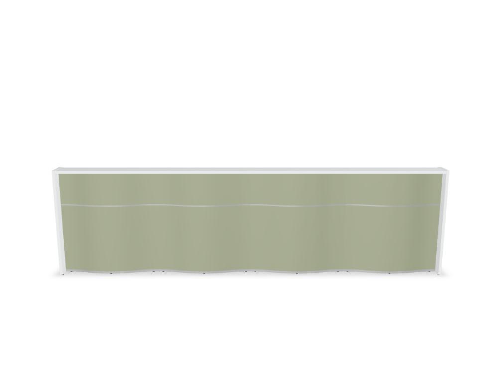 Empfangstheke Wave von Mdd in Weiss Pastell mit organischer HPL-Front, Aluminiumstreifen und modularer Wellenform-Konstruktion.