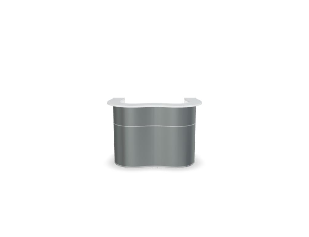 Empfangstheke Wave von Mdd in Weiss Pastell mit organischer HPL-Front, Aluminiumstreifen und modularer Wellenform-Konstruktion.