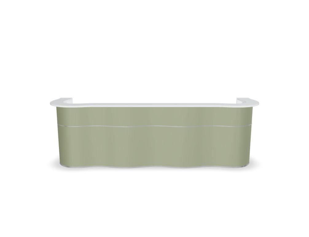 Empfangstheke Wave von Mdd in Weiss Pastell mit organischer HPL-Front, Aluminiumstreifen und modularer Wellenform-Konstruktion.