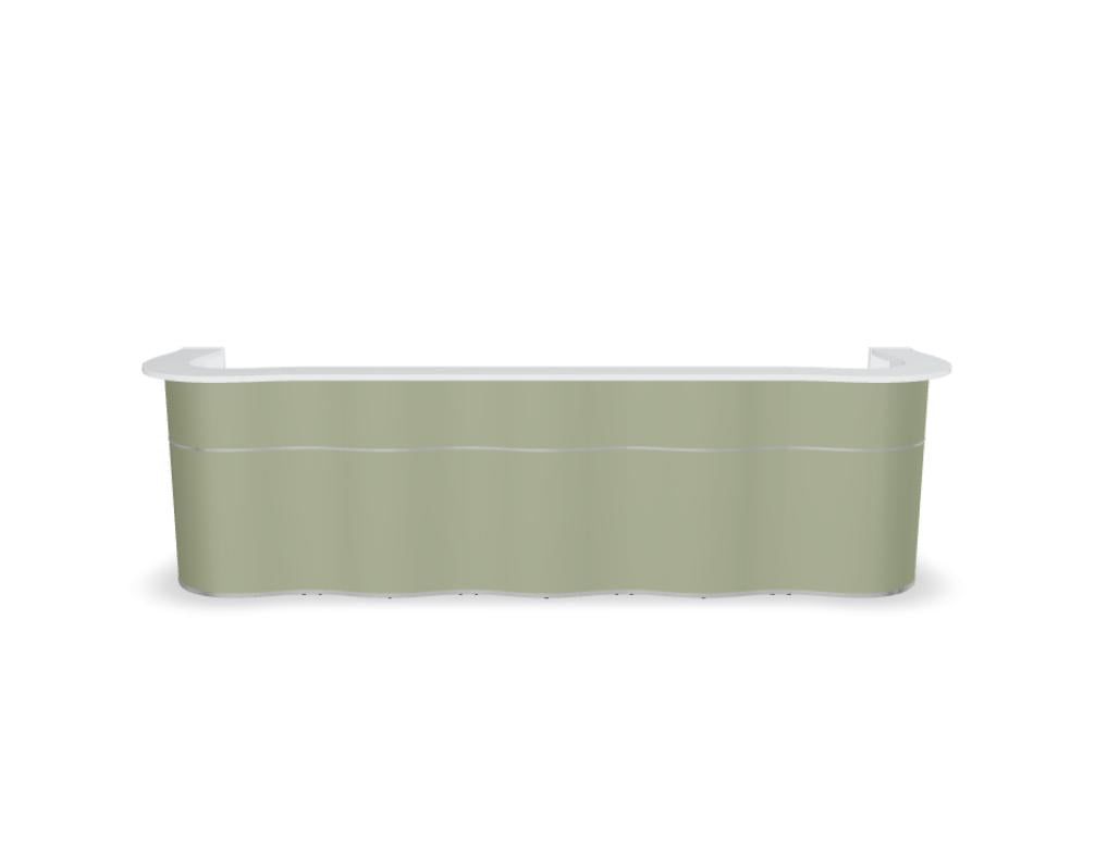 Empfangstheke Wave LUV25 mit organischer Front, moderne L-Form, helle Oberfläche und warmen Holzakzenten, ideal für stilvollen Empfangsbereich