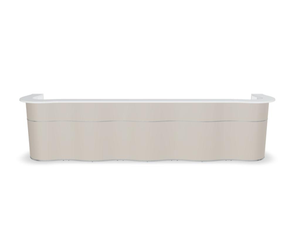 Empfangstheke Wave von Mdd in Weiss Pastell mit organischer HPL-Front, Aluminiumstreifen und modularer Wellenform-Konstruktion.