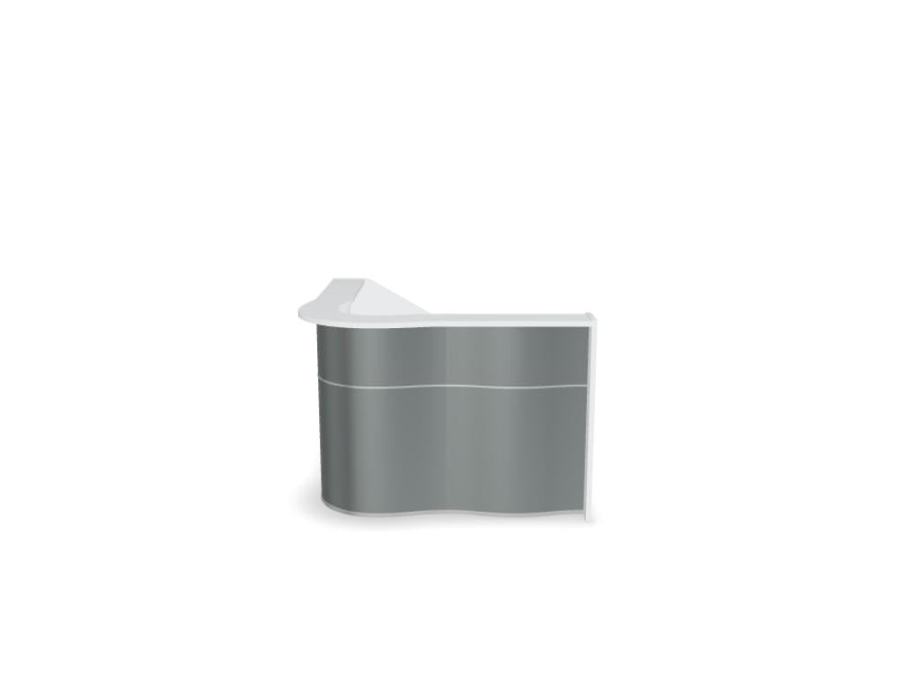 Empfangstheke Wave von Mdd in Weiss Pastell mit organischer HPL-Front, Aluminiumstreifen und modularer Wellenform-Konstruktion.