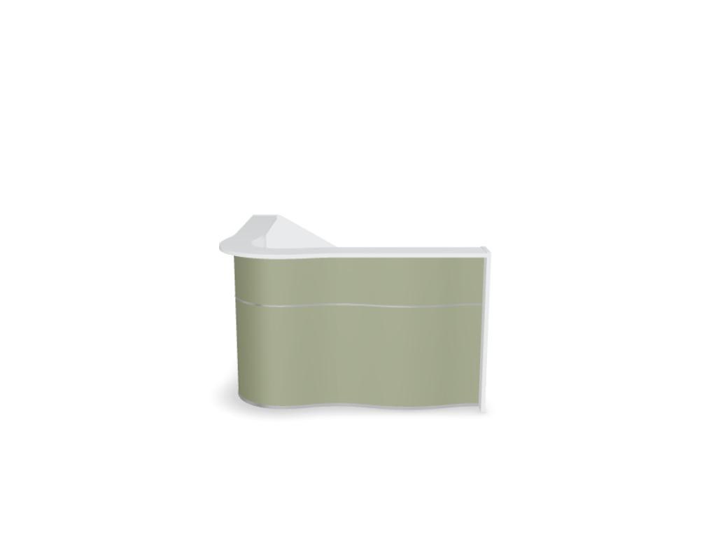 Empfangstheke Wave von Mdd in Weiss Pastell mit organischer HPL-Front, Aluminiumstreifen und modularer Wellenform-Konstruktion.