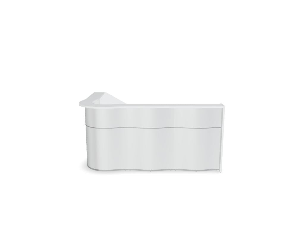 Empfangstheke Wave von Mdd in Weiss Pastell mit organischer HPL-Front, Aluminiumstreifen und modularer Wellenform-Konstruktion.