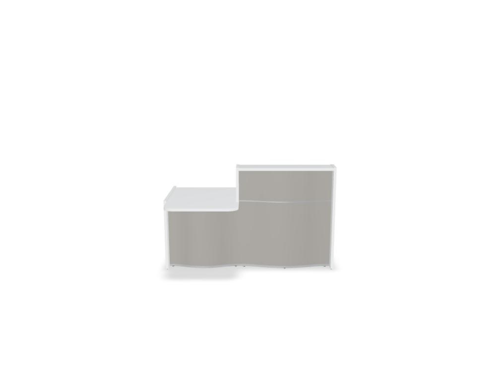 Empfangstheke Wave von Mdd in Weiss Pastell mit organischer HPL-Front, Aluminiumstreifen und modularer Wellenform-Konstruktion.