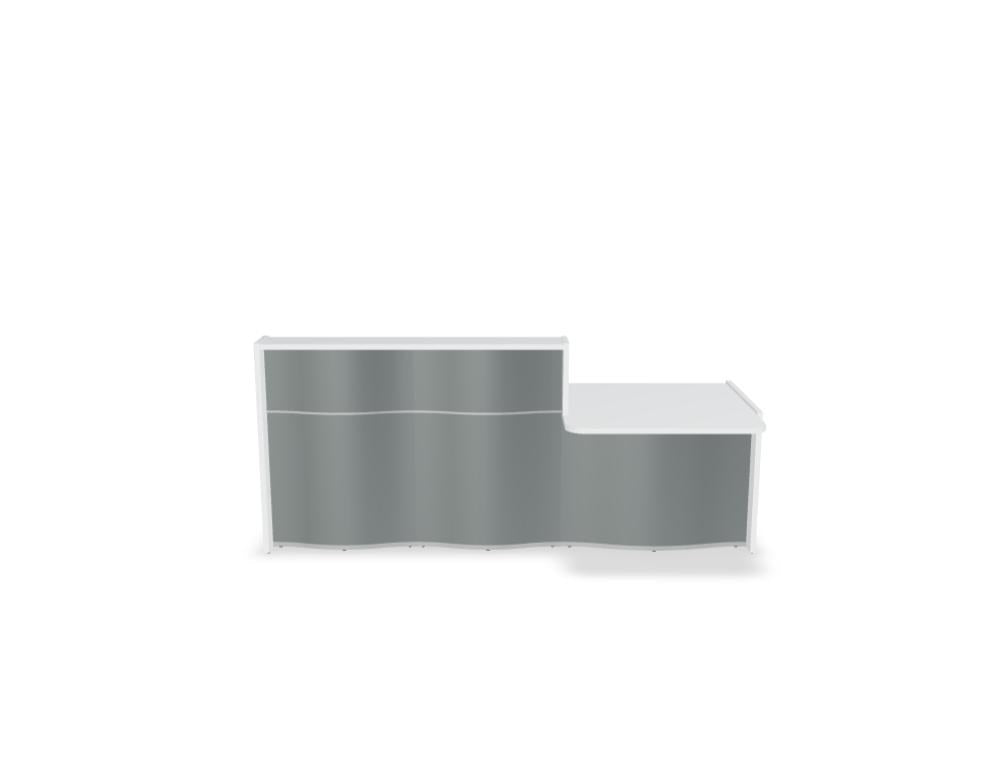 Empfangstheke Wave von Mdd in Weiss Pastell mit organischer HPL-Front, Aluminiumstreifen und modularer Wellenform-Konstruktion.